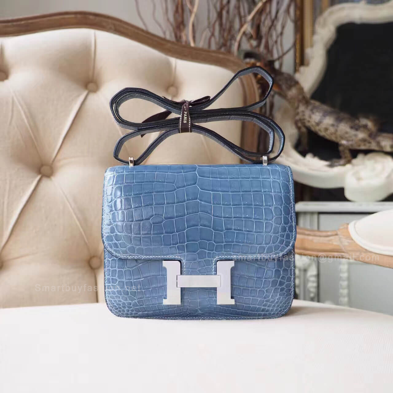Hermes Mini Constance 18 Bag in n7 Blue Tampete Shiny Nile Croc PHW